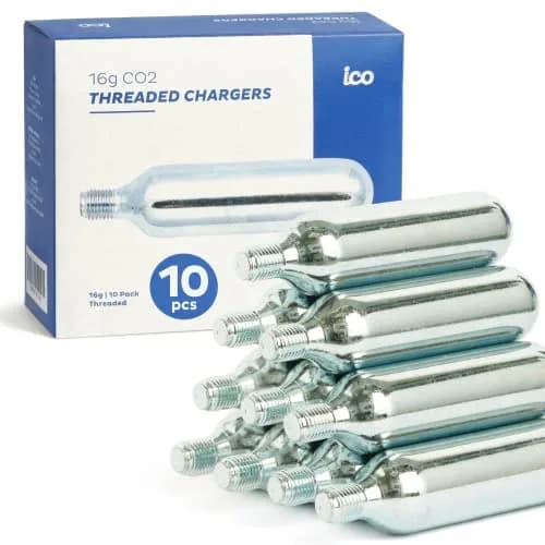 ICO Threaded CO2 Cartridges 16g | Instant Bike Tire Inflation, Food Grade, 10 Pack thumbnail 1