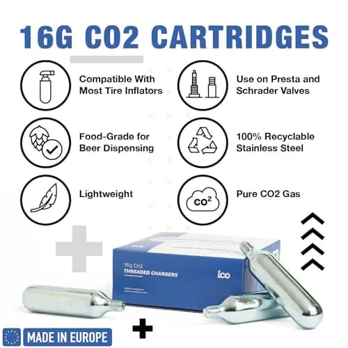 ICO Threaded CO2 Cartridges 16g | Instant Bike Tire Inflation, Food Grade, 10 Pack thumbnail 2
