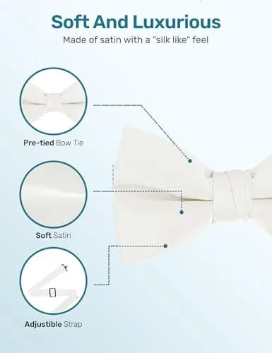 S.H. Churchill & Co. Men's Satin Pre-Tied Tuxedo Bow Tie - Ivory | Adjustable Strap, Classic Style thumbnail 4