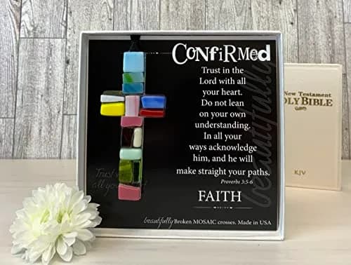 The Grandparent Gift Handmade Mosaic Confirmation Cross for Girls or Boys | 4" Keepsake with Confirmation Sentiment thumbnail 2