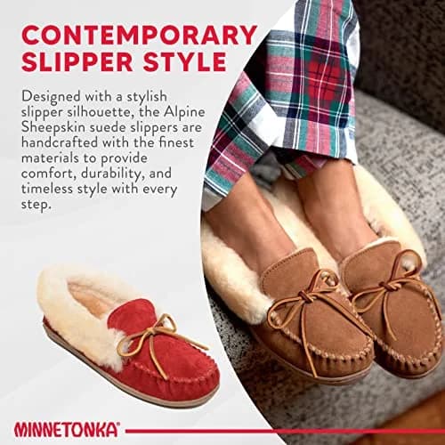 Minnetonka Women's Alpine Sheepskin Moccasin Slippers, Red, Size 5 | Cozy Sheepskin Comfort for Indoors & Outdoors thumbnail 2