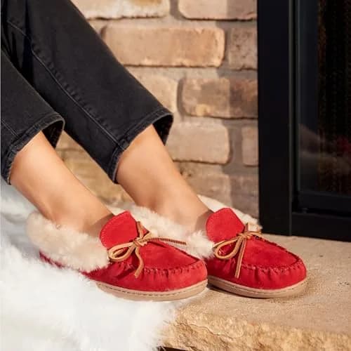 Minnetonka Women's Alpine Sheepskin Moccasin Slippers, Red, 7 M US | Cozy Warm Sheepskin Comfort thumbnail 3