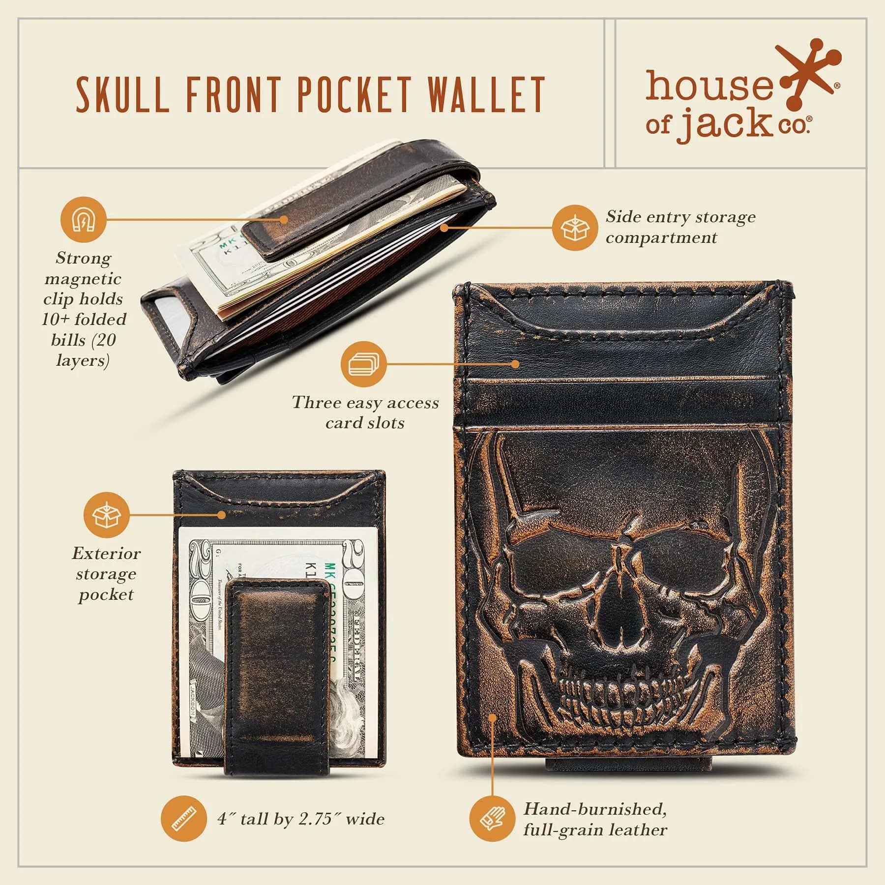 House of Jack Co. Skull Magnetic Money Clip Wallet 3.6cm (1.4in) | Full Grain Leather - view 3