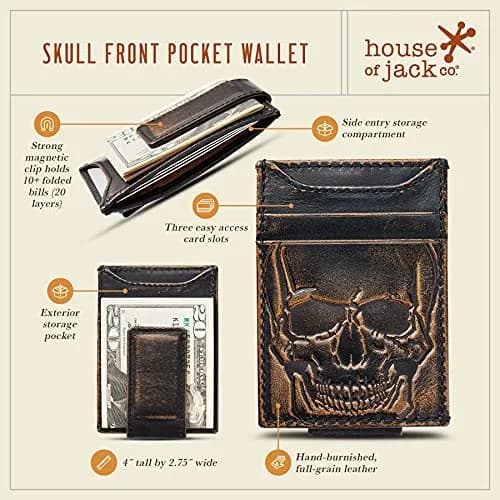 House of Jack Co. Skull Magnetic Money Clip Wallet 3.6cm (1.4in) | Full Grain Leather thumbnail 3