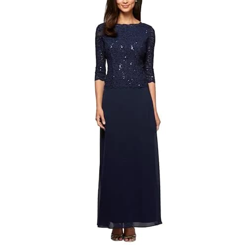 Alex Evenings Women's 3/4 Sleeve Stretch Lace Bodice Mother of the Bride Dress (Petite & Regular), Navy, Size 12 | Elegant Formal Gown thumbnail 1