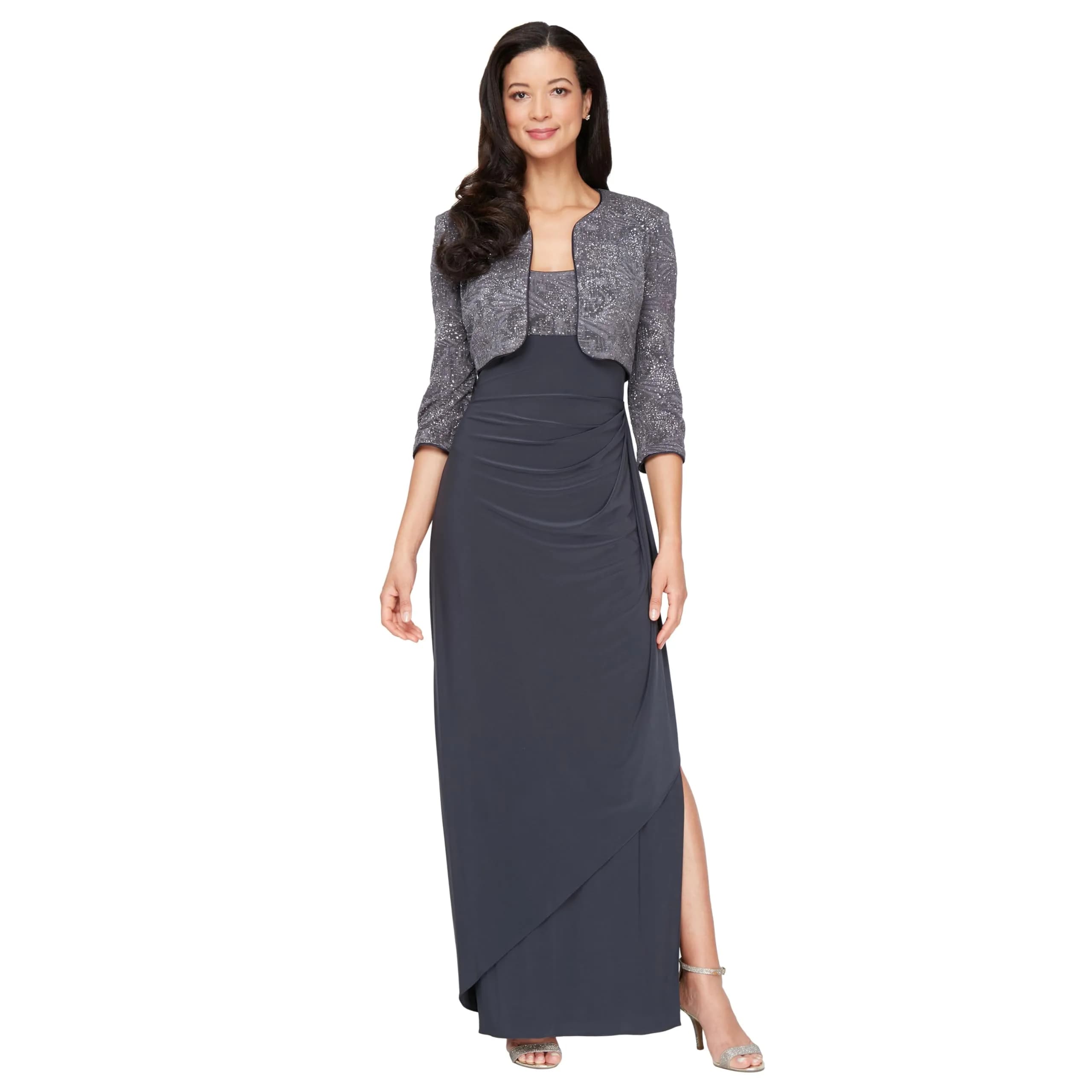 Alex Evenings Womens Empire Waist Bolero Jacket Dress (Petite & Regular) | Elegant Eveningwear in Smoke, Size 10P