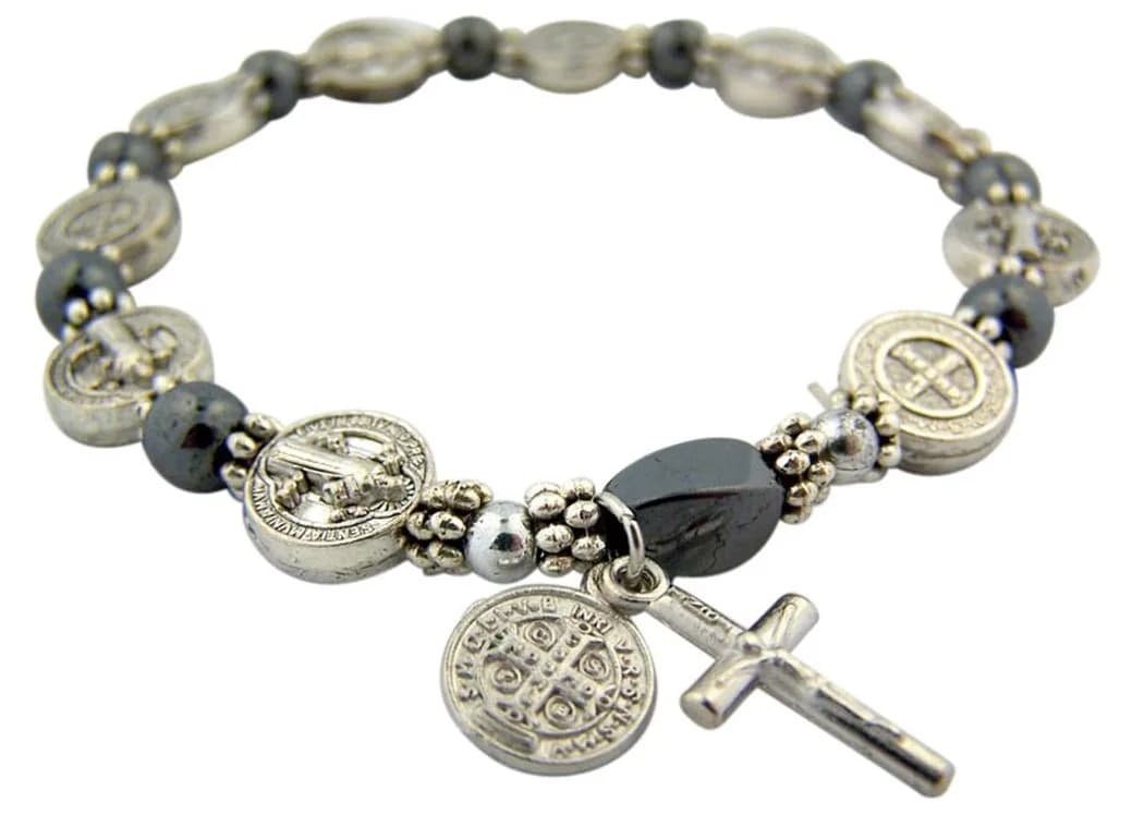 CB Silver Tone Saint Benedict Medal Hematite Bead Rosary Bracelet, 7.5 Inch | Patron of Monks & Against Evil