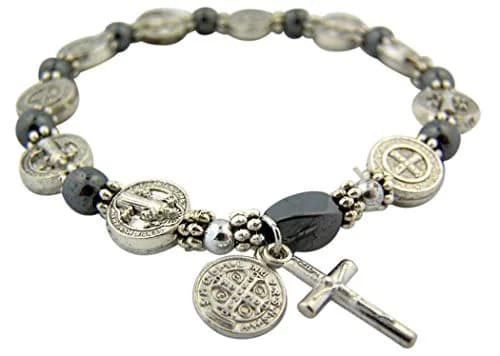 CB Silver Tone Saint Benedict Medal Hematite Bead Rosary Bracelet, 7.5 Inch | Patron of Monks & Against Evil thumbnail 1