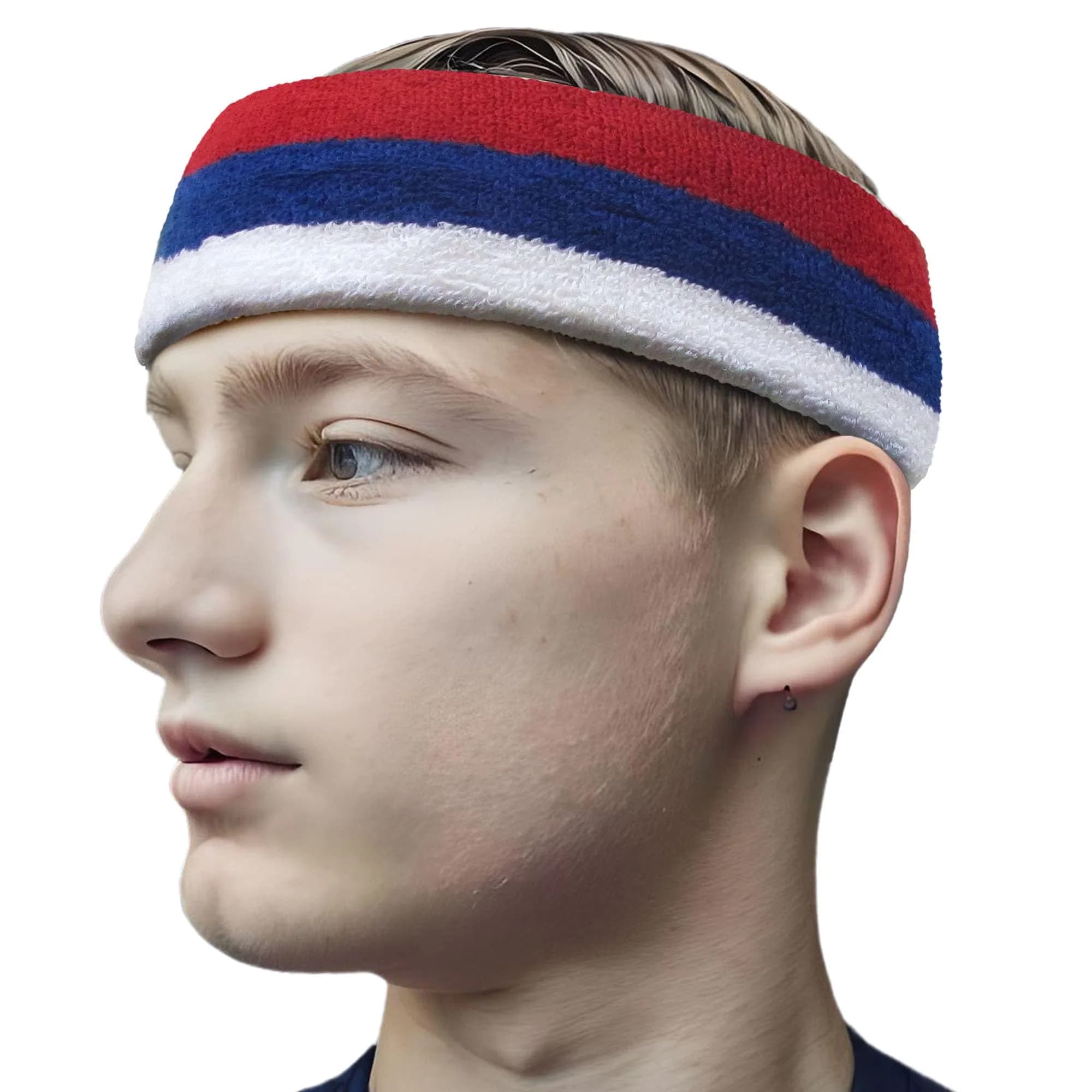 COUVER Sweatband Wide Basketball Headband 2.5 inch Cotton Blend | Heavy Sweat Absorption & Breathability — Dark Red / Blue / White