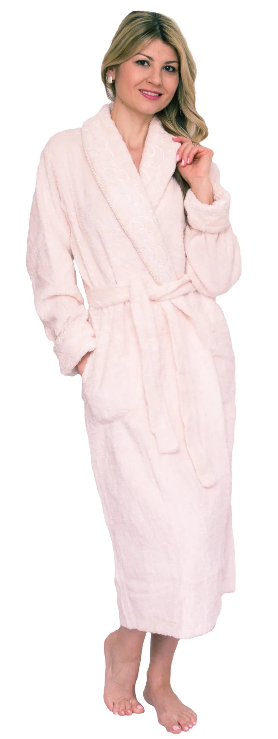 Bath & Robes Women's Chenille Robe With Shawl 2X Champagne Cream | Ankle Length, Floral Embroidery, Cotton Blend — Large