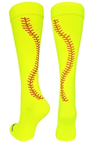 MadSportsStuff Softball Socks with Stitches Over the Calf (Neon Yellow/Red, Small) | High-Performance Athletic Socks thumbnail 1
