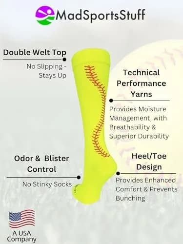 MadSportsStuff Softball Socks with Stitches Over the Calf (Neon Yellow/Red, Small) | High-Performance Athletic Socks thumbnail 5