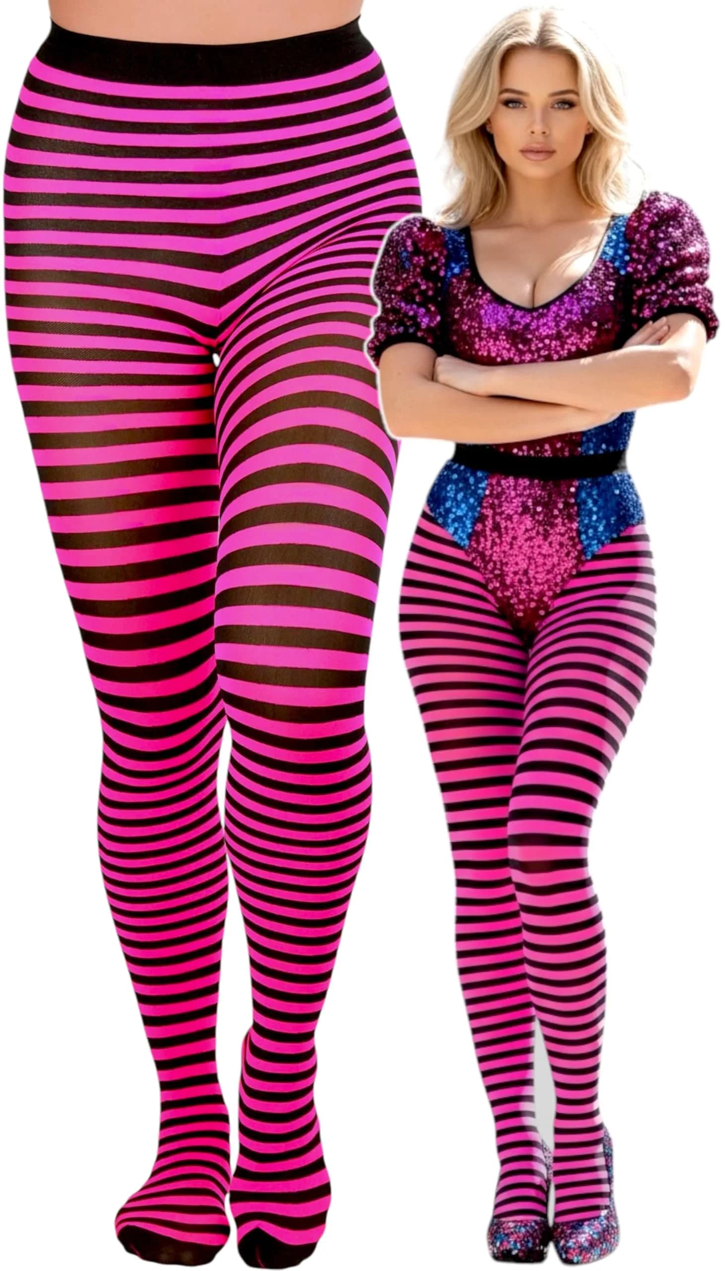 ToBeInStyle Women's Thin Horizontal Stripe Tights - Black/Hot Pink | Full-Footed, Stretchy, Colorful (70 denier, Plus Size) — Black/Hot Pink