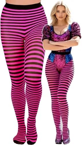 ToBeInStyle Women's Thin Horizontal Stripe Tights - Black/Hot Pink | Full-Footed, Stretchy, Colorful (70 denier, Plus Size) thumbnail 1
