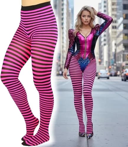 ToBeInStyle Women's Thin Horizontal Stripe Tights - Black/Hot Pink | Full-Footed, Stretchy, Colorful (70 denier, Plus Size) thumbnail 4
