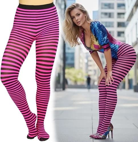 ToBeInStyle Women's Thin Horizontal Stripe Tights - Black/Hot Pink | Full-Footed, Stretchy, Colorful (70 denier, Plus Size) thumbnail 5