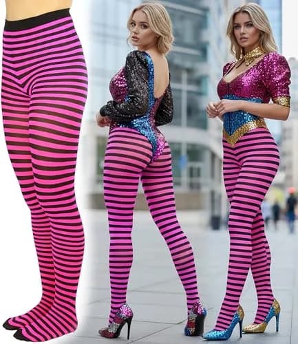 ToBeInStyle Women's Thin Horizontal Stripe Tights - Black/Hot Pink | Full-Footed, Stretchy, Colorful (70 denier, Plus Size) thumbnail 3