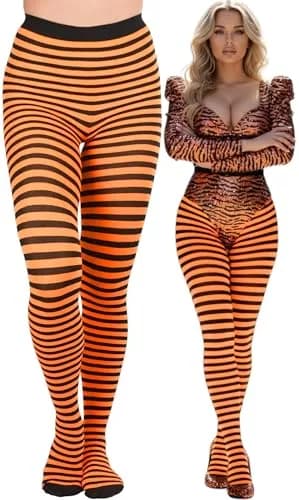 ToBeInStyle Women's Thin Horizontal Stripe Tights - Black/Neon Orange | Full-footed, Stretchy, Neon & Festive thumbnail 1
