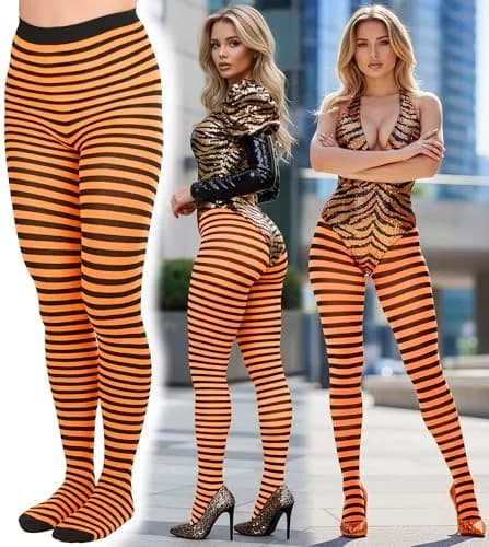 ToBeInStyle Women's Thin Horizontal Stripe Tights - Black/Neon Orange | Full-footed, Stretchy, Neon & Festive thumbnail 4