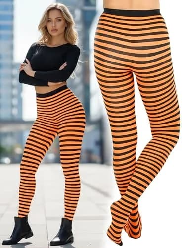 ToBeInStyle Women's Thin Horizontal Stripe Tights - Black/Neon Orange | Full-footed, Stretchy, Neon & Festive thumbnail 2
