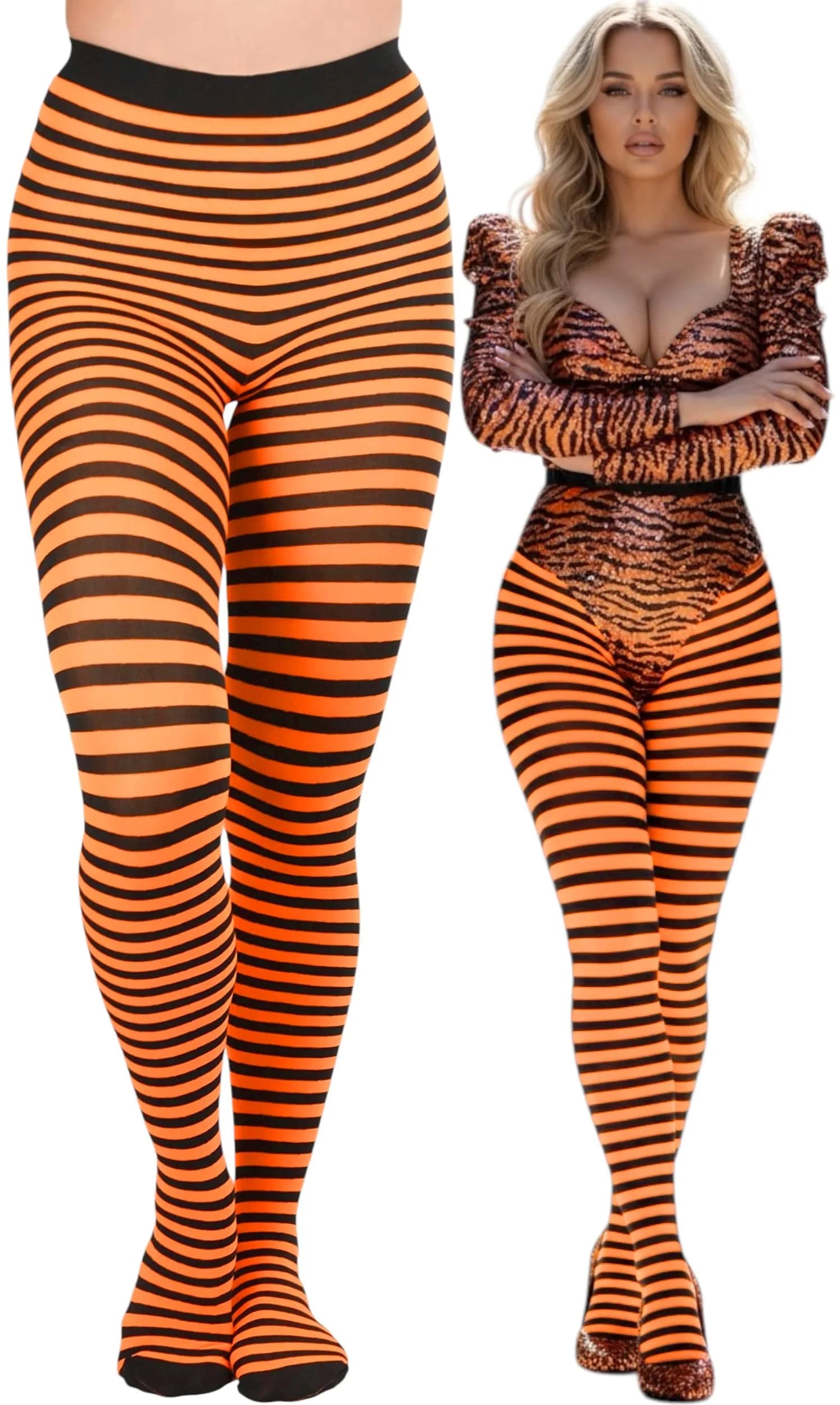 ToBeInStyle Women's Thin Horizontal Stripe Tights - Black/Neon Orange | Full-footed, Stretchy, Neon & Festive - main product image