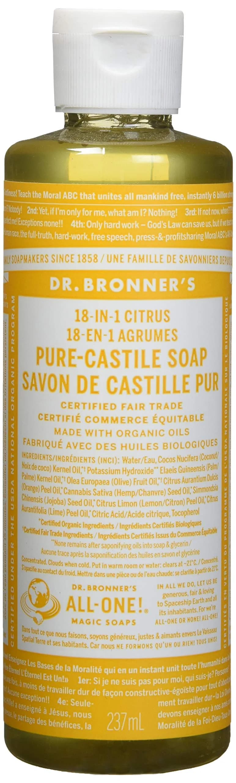 Dr. Bronner's Organic Pure Castile Liquid Soap Citrus Orange 237ml (8 fl oz) | All-Purpose Natural Cleanser