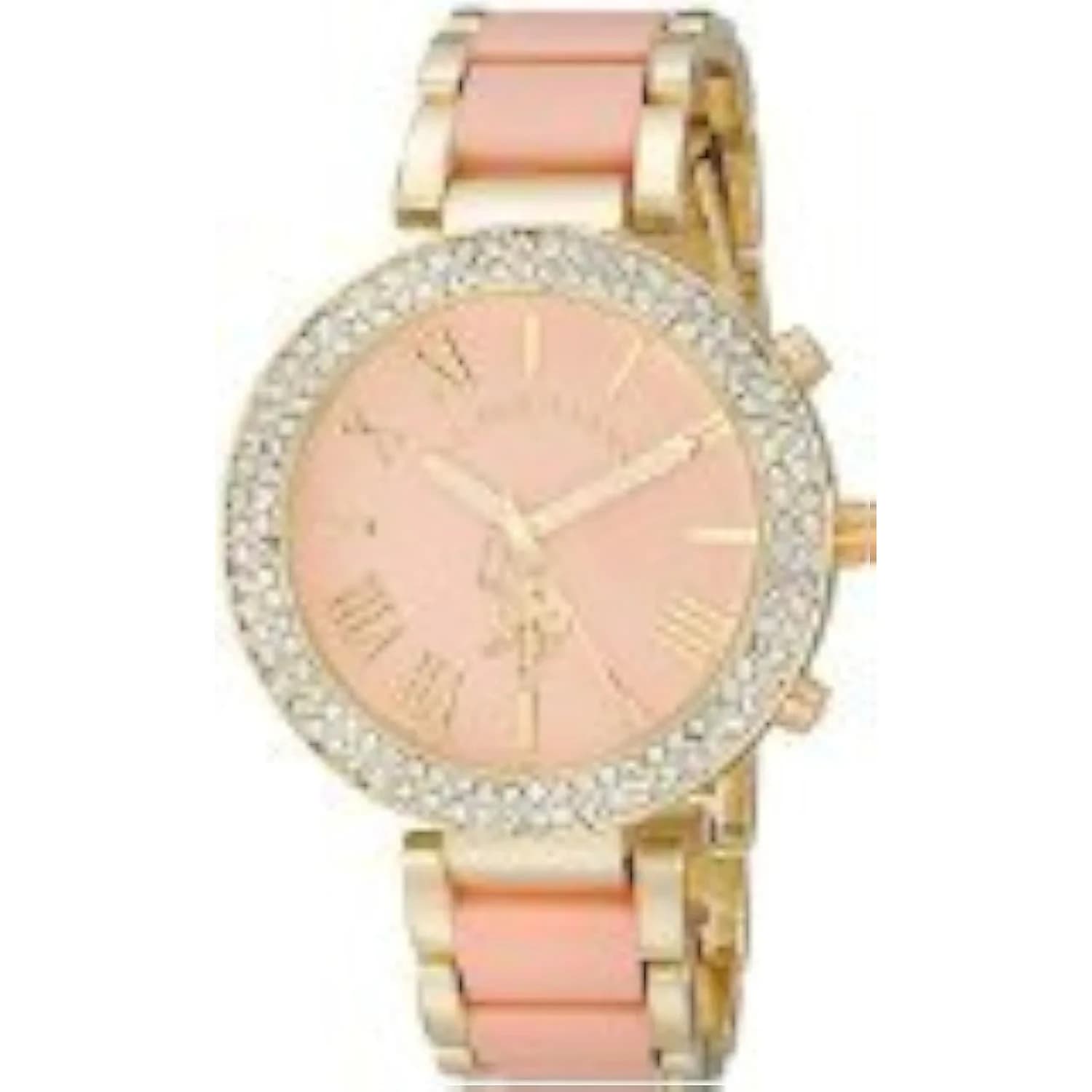 U.S. Polo Assn. Women's USC40063 Gold-Tone Sparkling Bezel Pink Dial Analog Watch 40mm | Classic Dress Watch