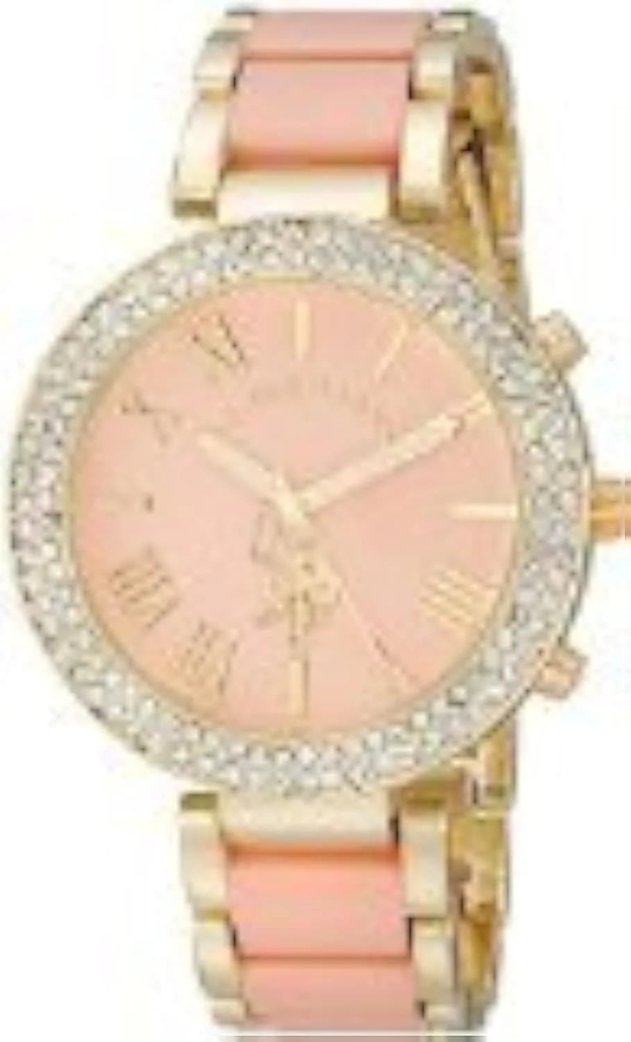 U.S. Polo Assn. Women's USC40063 Gold-Tone Sparkling Bezel Pink Dial Analog Watch 40mm | Classic Dress Watch - main product image