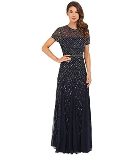 Adrianna Papell Short Sleeve Grid Beaded Gown, Navy, Size 6 | Elegant Evening Wear with Intricate Beadwork thumbnail 1