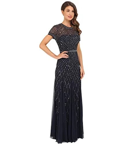 Adrianna Papell Short Sleeve Grid Beaded Gown, Navy, Size 6 | Elegant Evening Wear with Intricate Beadwork thumbnail 5