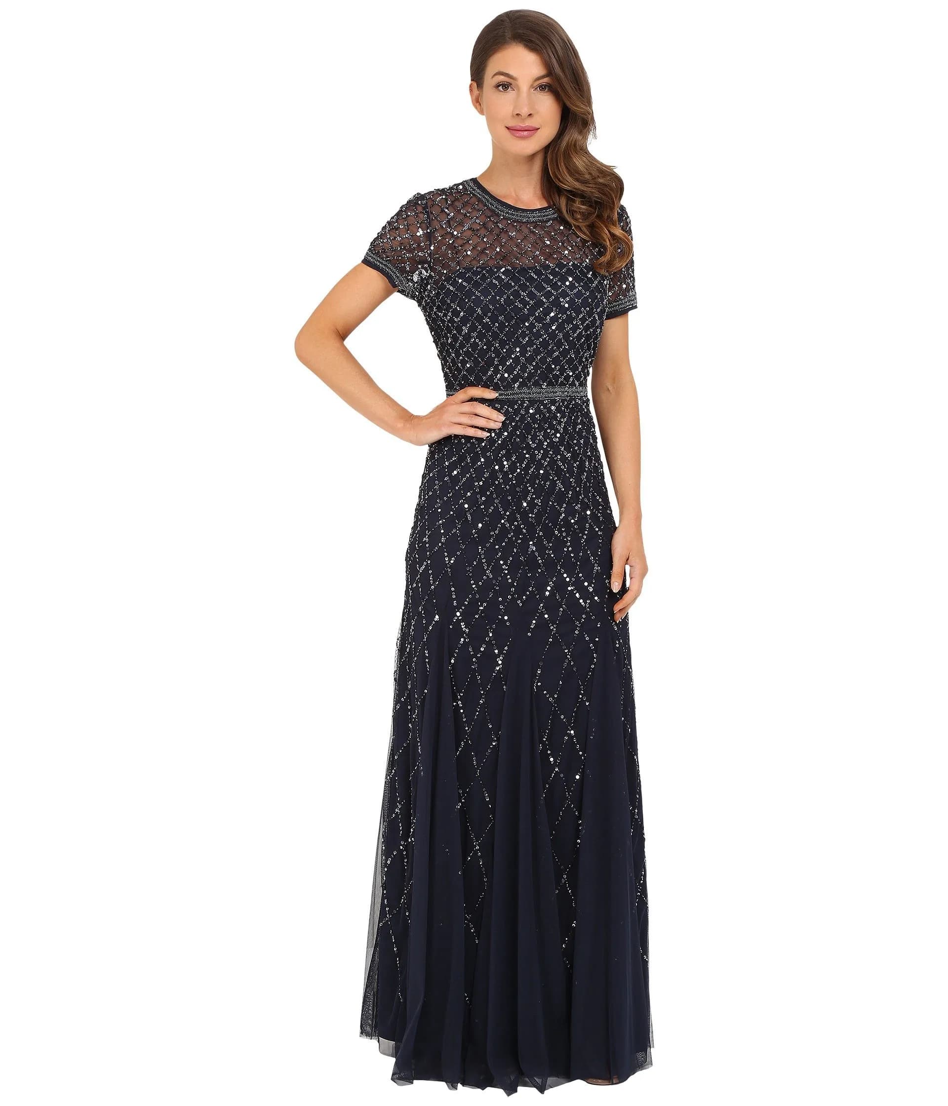 Adrianna Papell Short Sleeve Grid Beaded Gown, Navy, Size 6 | Elegant Evening Wear with Intricate Beadwork
