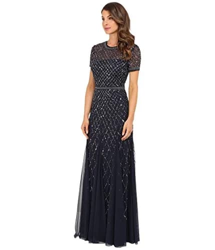 Adrianna Papell Short Sleeve Grid Beaded Gown, Navy, Size 6 | Elegant Evening Wear with Intricate Beadwork thumbnail 2