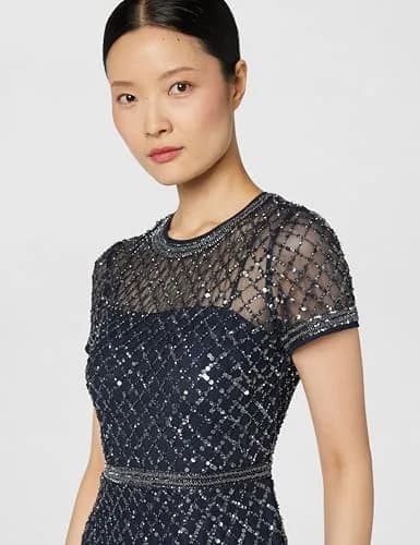 Adrianna Papell Short Sleeve Grid Beaded Gown, Navy, Size 6 | Elegant Evening Wear with Intricate Beadwork thumbnail 3