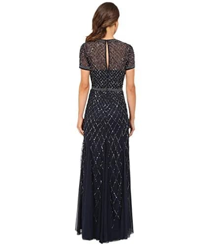 Adrianna Papell Short Sleeve Grid Beaded Gown, Navy, Size 6 | Elegant Evening Wear with Intricate Beadwork thumbnail 4