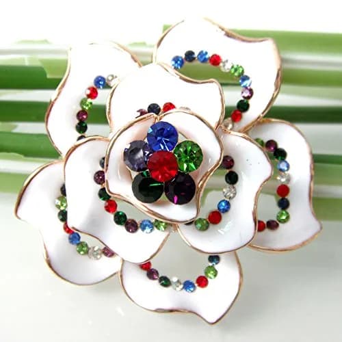 Navachi 18k Gold Plated Multi-color Crystal White Enamel Flower Brooch | Elegant Floral Accessory thumbnail 2