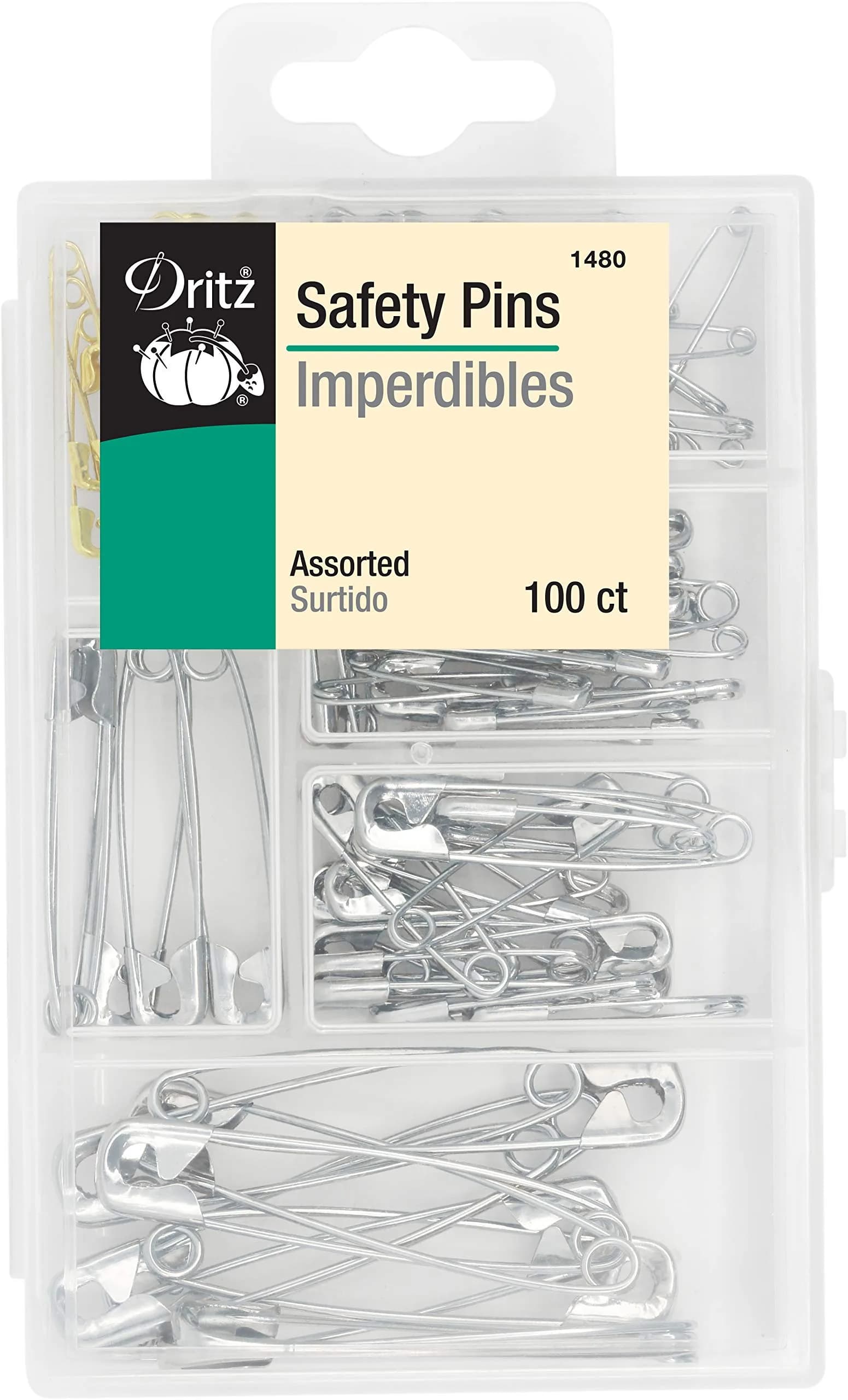 Dritz Assorted Safety Pins with Storage Box, Nickel-Plated Steel & Brass, 100 Count | Value Pack Sharp_pin - main product image