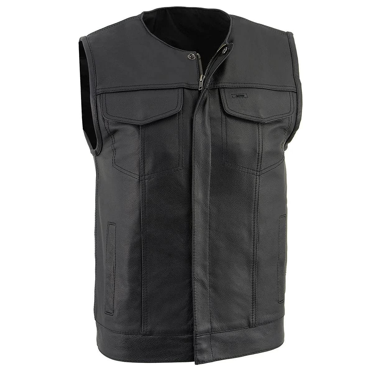 Milwaukee Leather LKM3711 Men's Black Leather Collarless Motorcycle Vest | Dual Front Closure, Conceal & Carry, X-Large