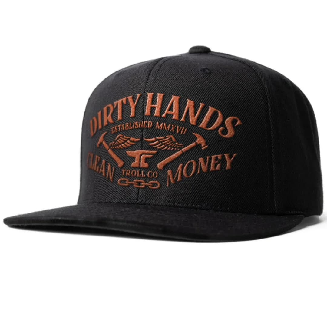 TROLL CO. CLOTHING Dirty Hands Clean Money Meshback Trucker Hat 1 Size | Durable Workwear Cap — Black and Rust - Snapback