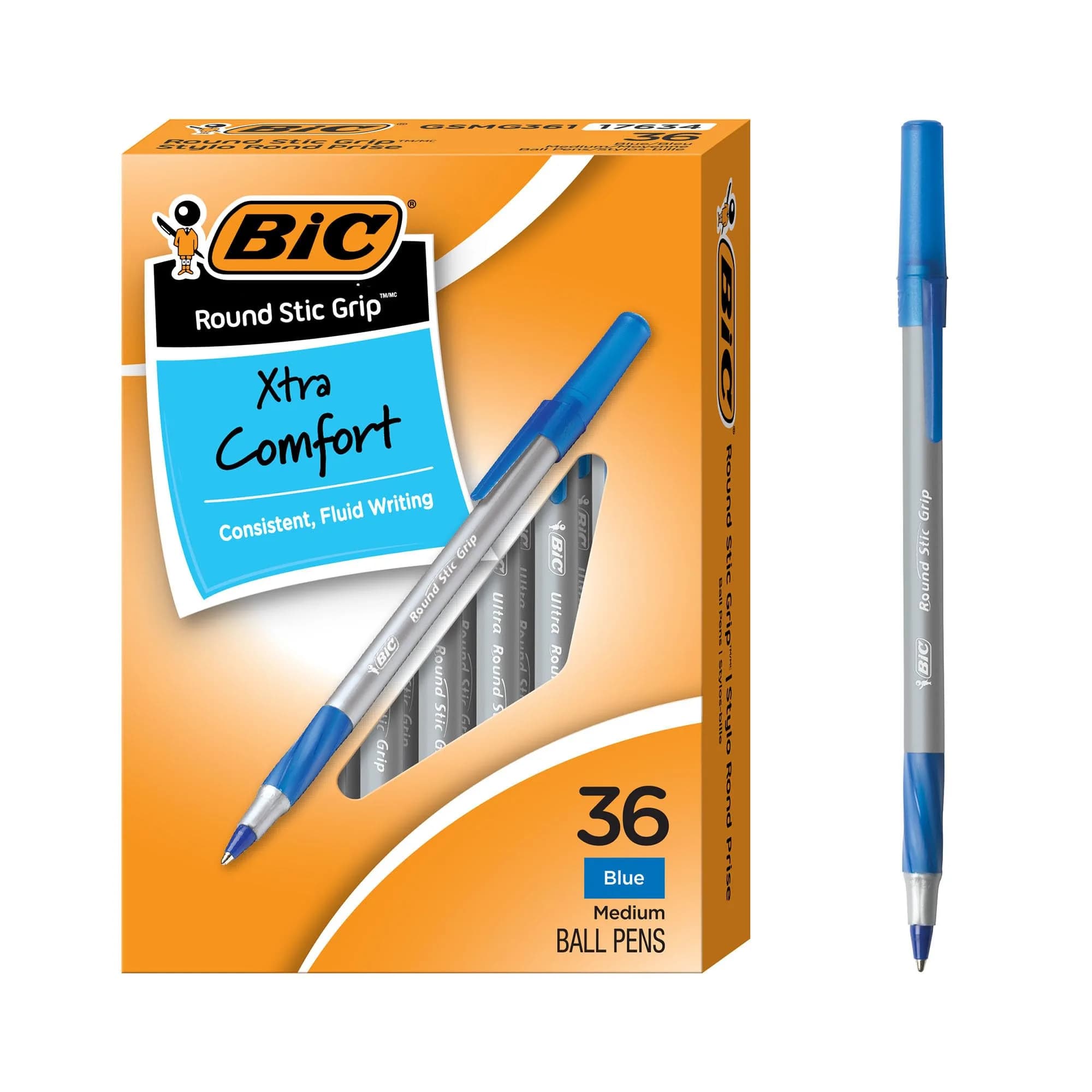 BIC Round Stic Grip Xtra Comfort Blue Ballpoint Pens, 36-Count Pack | Smooth Writing, Comfortable Grip — Blue