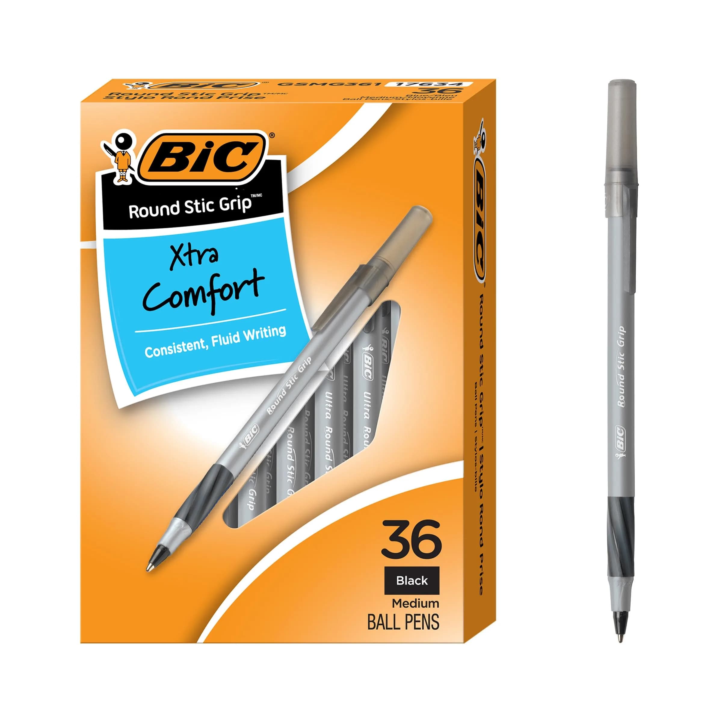 BIC Round Stic Grip Xtra Comfort Black Ballpoint Pens, 36-Count Pack | Smooth Ink Flow, Soft Grip for Extended Writing — Black