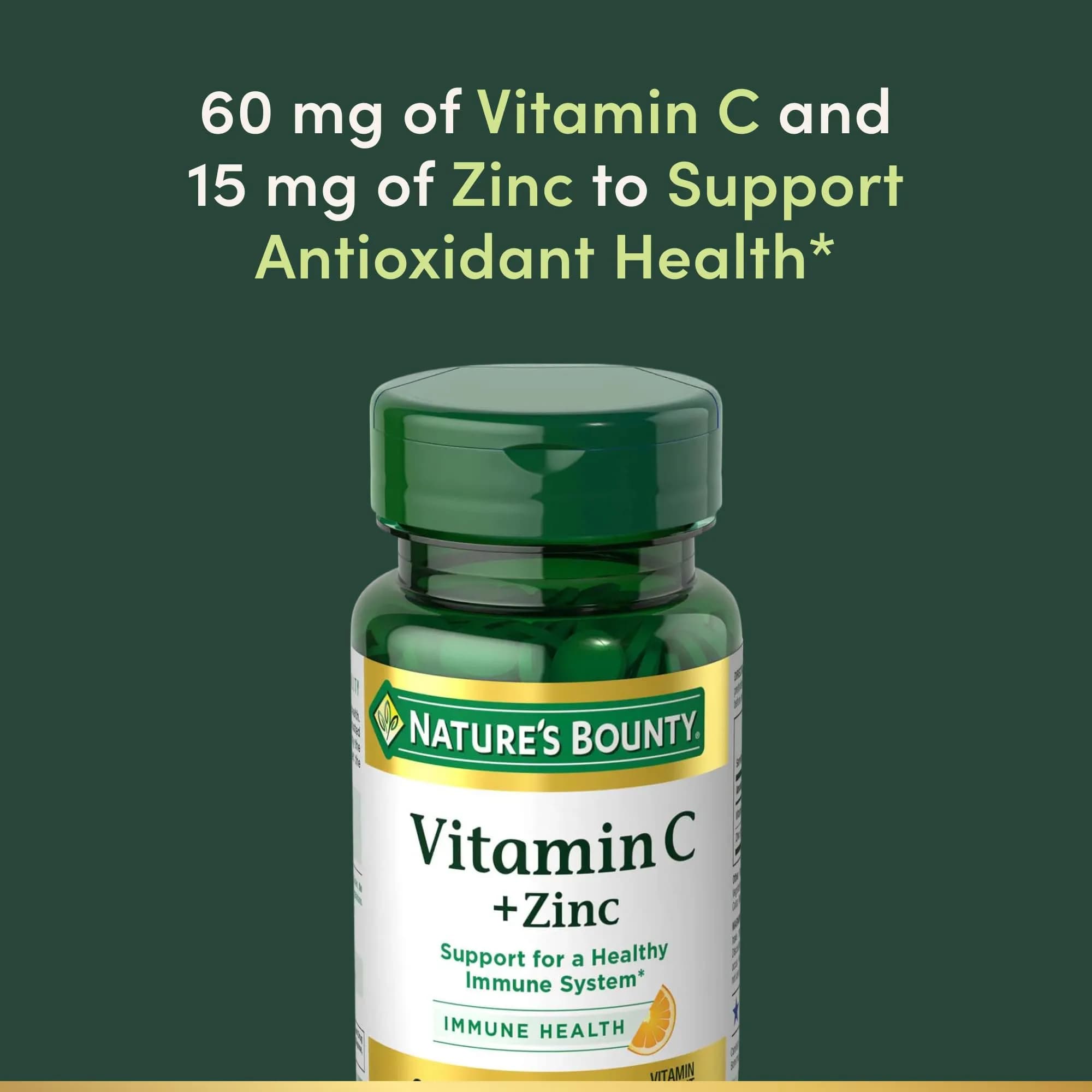 Nature's Bounty Vitamin C + Zinc Tablets 60 mg (60 Count) | Supports Immune Health with Antioxidant Zinc - view 3