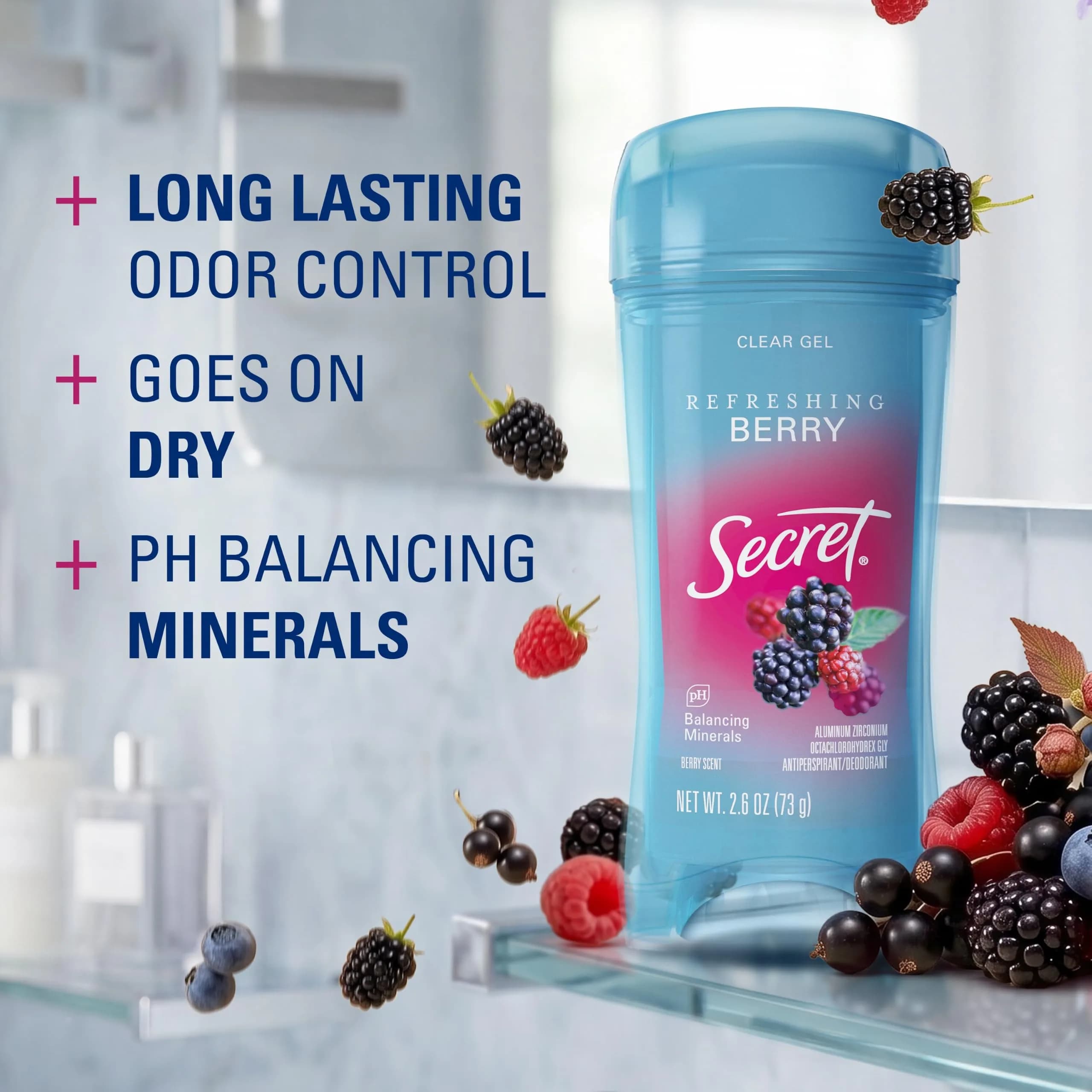 Secret Fresh Antiperspirant Deodorant for Women, 72hr Breathable Sweat & Odor Protection, Clear Gel, Refreshing Berry Scent, 5.2 oz (2.6 oz x 2) | PH Balancing Minerals - view 2