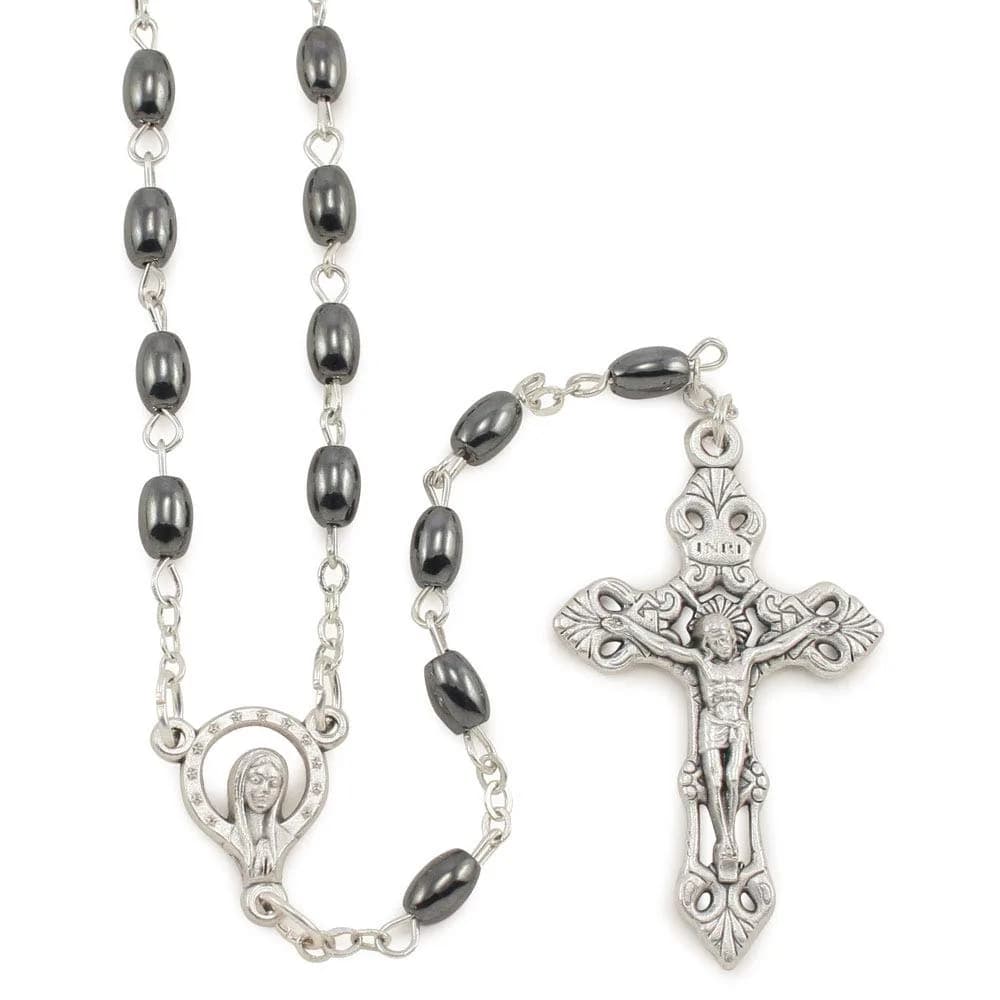 RosaryMart Hematite Oval Bead Rosary with Madonna Center and Crucifix | 13in Inner Length, Handmade Italy - main product image