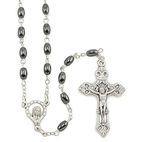 RosaryMart Hematite Oval Bead Rosary with Madonna Center and Crucifix | 13in Inner Length, Handmade Italy thumbnail 1