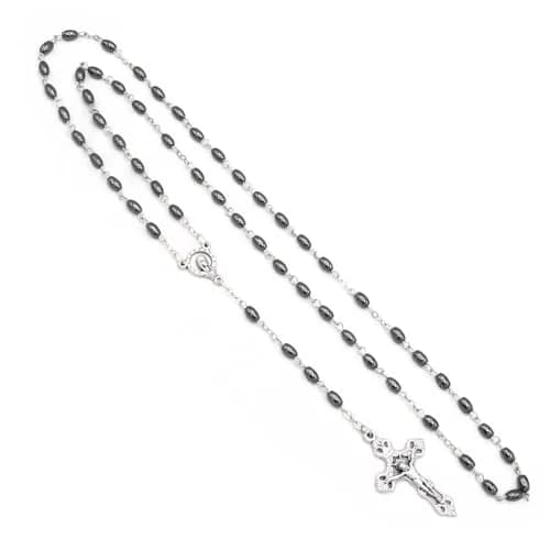 RosaryMart Hematite Oval Bead Rosary with Madonna Center and Crucifix | 13in Inner Length, Handmade Italy thumbnail 2