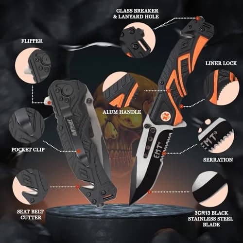 MTECH USA Pocket Folding Knife, Two-Tone Half-Serrated Blade, Aluminum Handle, 4.75-Inch Closed, Camping, Survival, Tactical, Outdoors, EDC (Orange) | Compact & Durable thumbnail 3