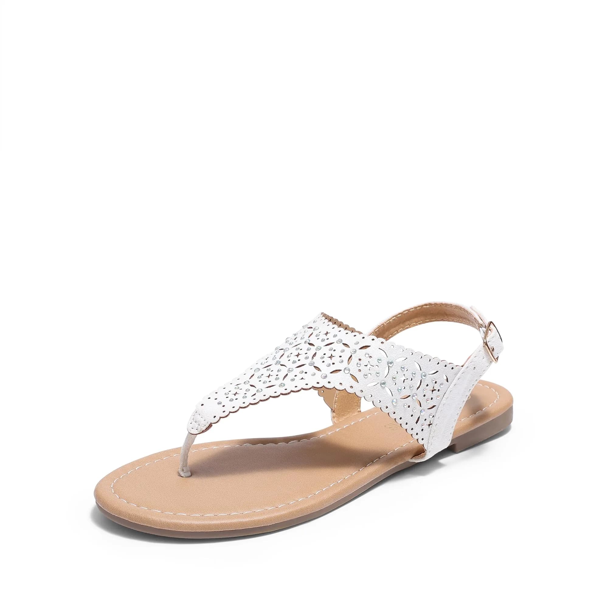 DREAM PAIRS Women's T-Strap Gladiator Flat Sandals,Black,7 | Chic Summer Flat with Rhinestones & Ankle Buckle — White / 9
