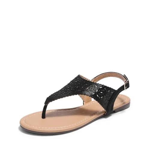 DREAM PAIRS Women's T-Strap Gladiator Flat Sandals,Black,7 | Chic Summer Flat with Rhinestones & Ankle Buckle thumbnail 1