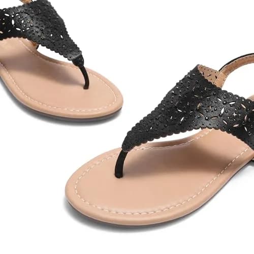 DREAM PAIRS Women's T-Strap Gladiator Flat Sandals,Black,7 | Chic Summer Flat with Rhinestones & Ankle Buckle thumbnail 7