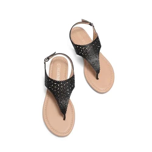 DREAM PAIRS Women's T-Strap Gladiator Flat Sandals,Black,7 | Chic Summer Flat with Rhinestones & Ankle Buckle thumbnail 8